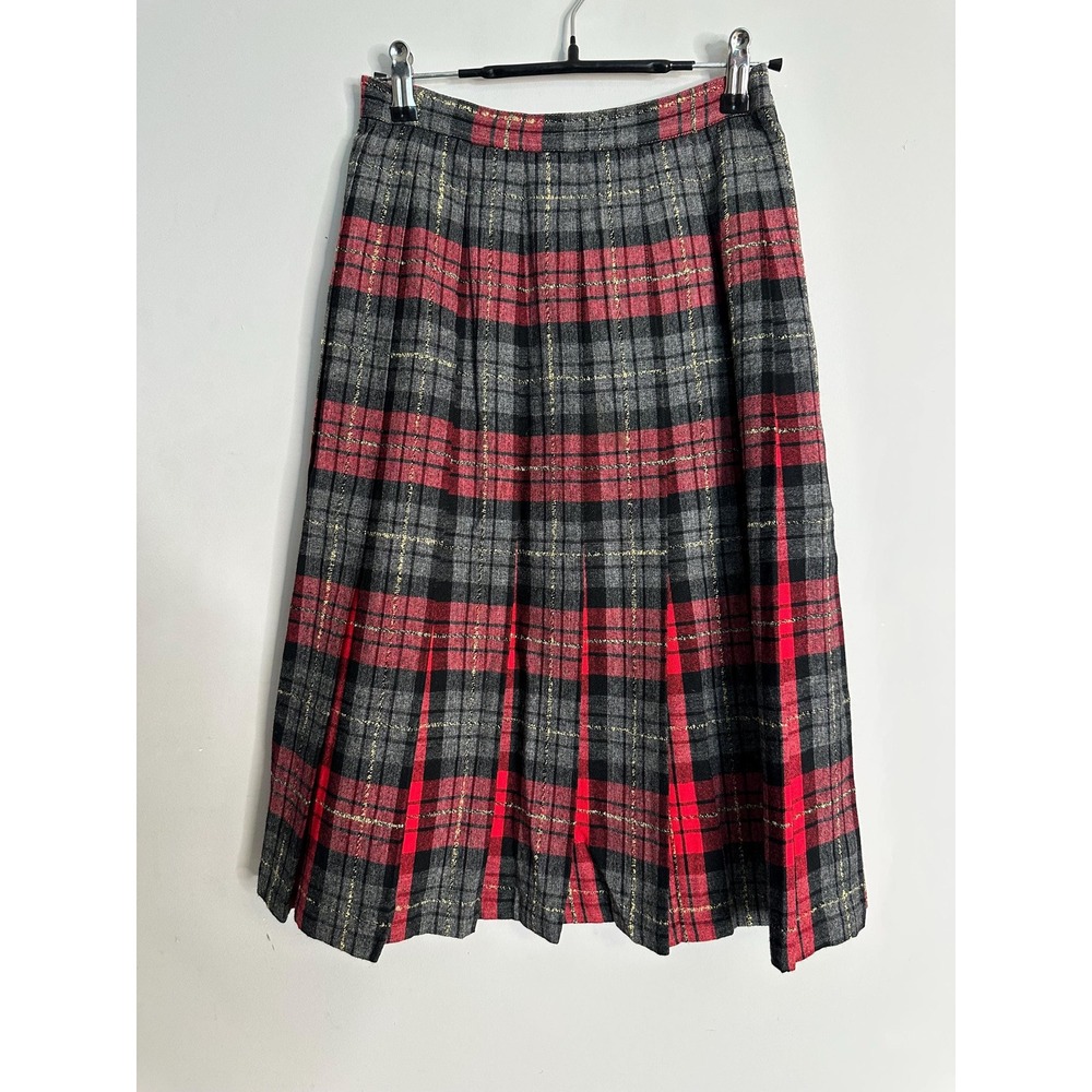 Vintage Lorette by Milliken Red Gray Plaid Wool Blend Pleated Midi Skirt Small